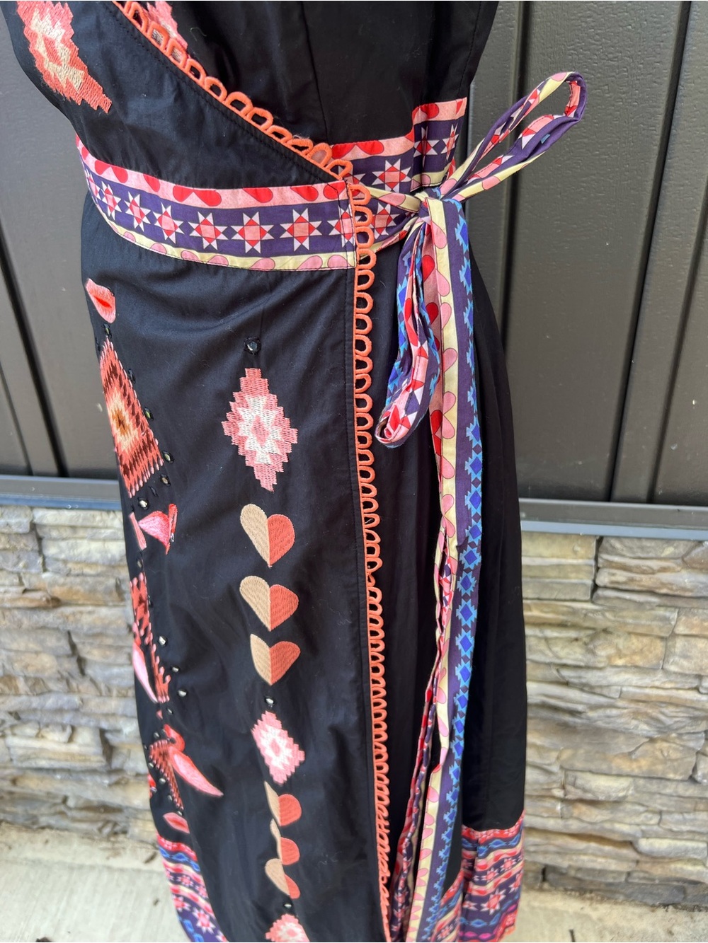 Never Fully Dressed Black Wrap Maxi Dress with Coral and Pink Embroidery - Picture 10 of 10